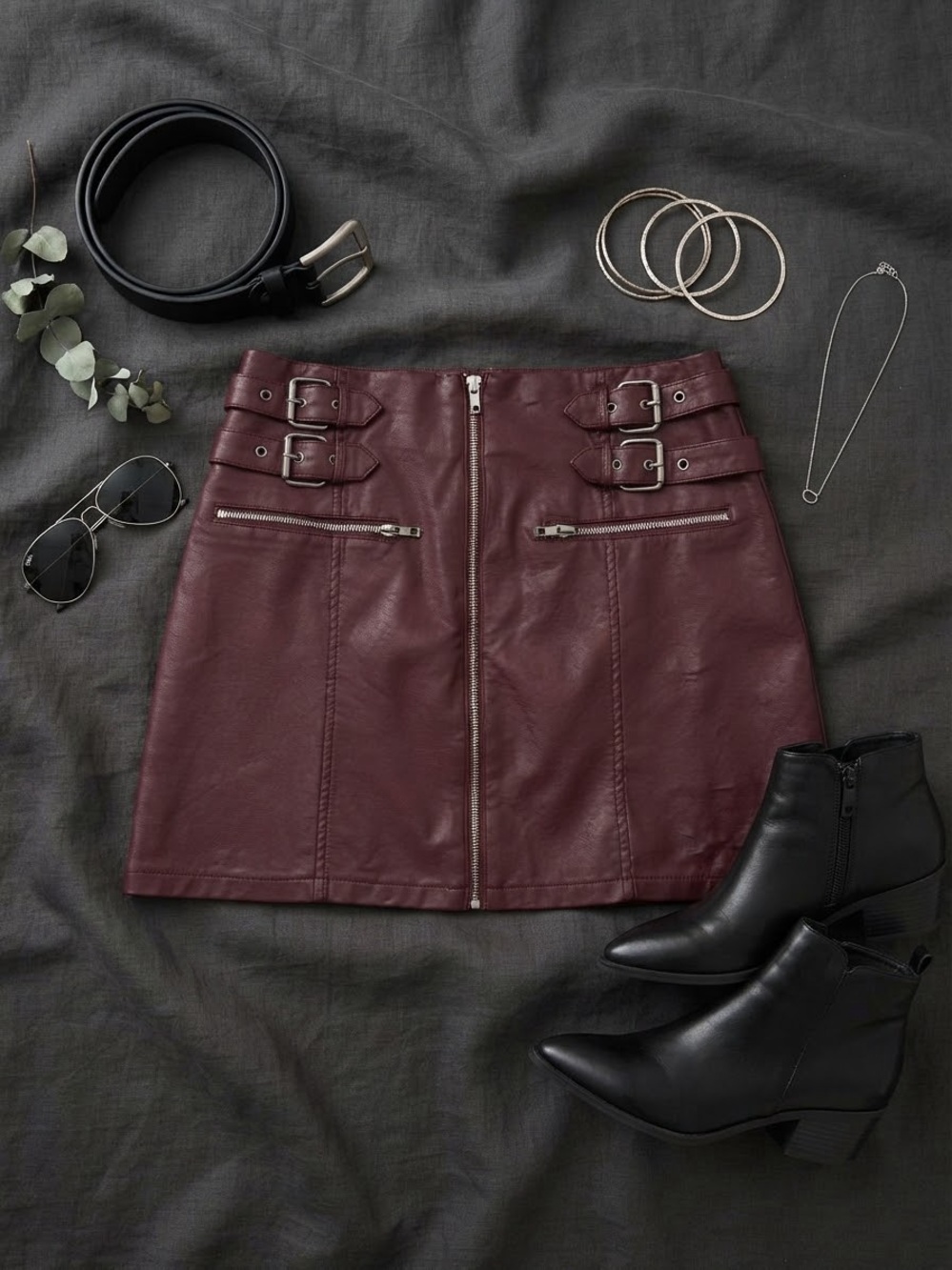 Forever 21 Burgundy Faux Leather Zip-Front Mini Skirt